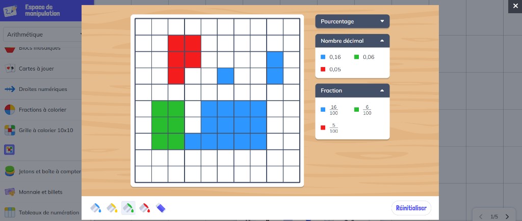 Espace de manipulation - grille 10x10 fractions & pourcentages